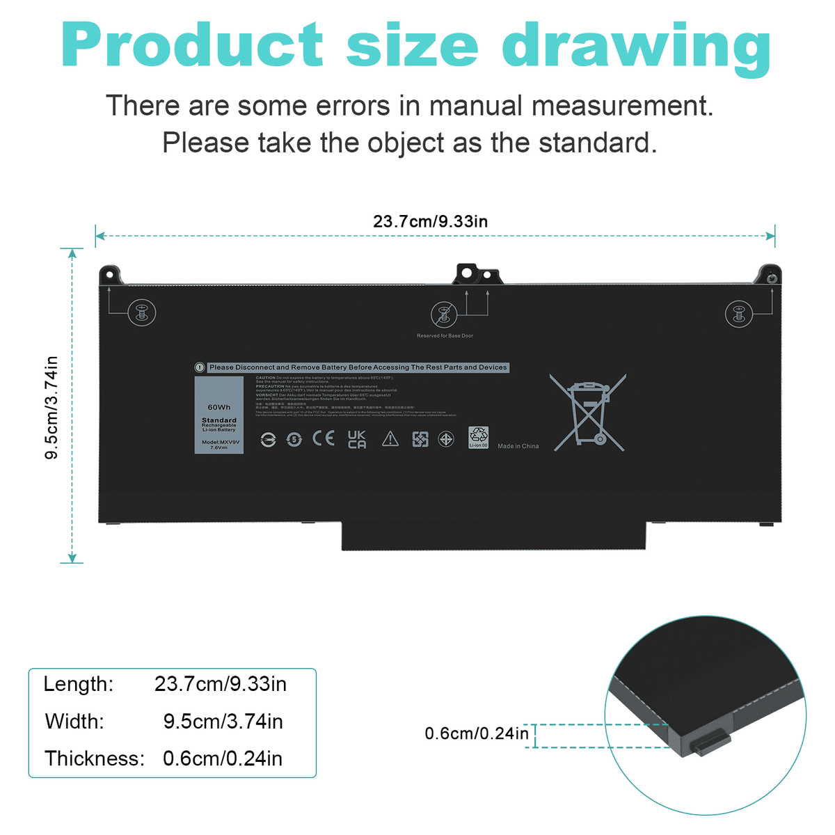 For  Latitude 5300 5310 (2-in-1) 7300 7400 60Wh Laptop Battery MXV9V