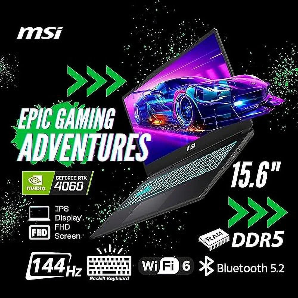 MSI Cyborg 15 Gaming Laptop, 15.6" FHD 144Hz Display,  Core i7-12650H, NVIDIA GeForce RTX 4060, 32GB DDR5 RAM, 1TB SSD, Webcam, Backlit Keyboard, Wi-Fi 6, Windows 11 Home, Translucent Black