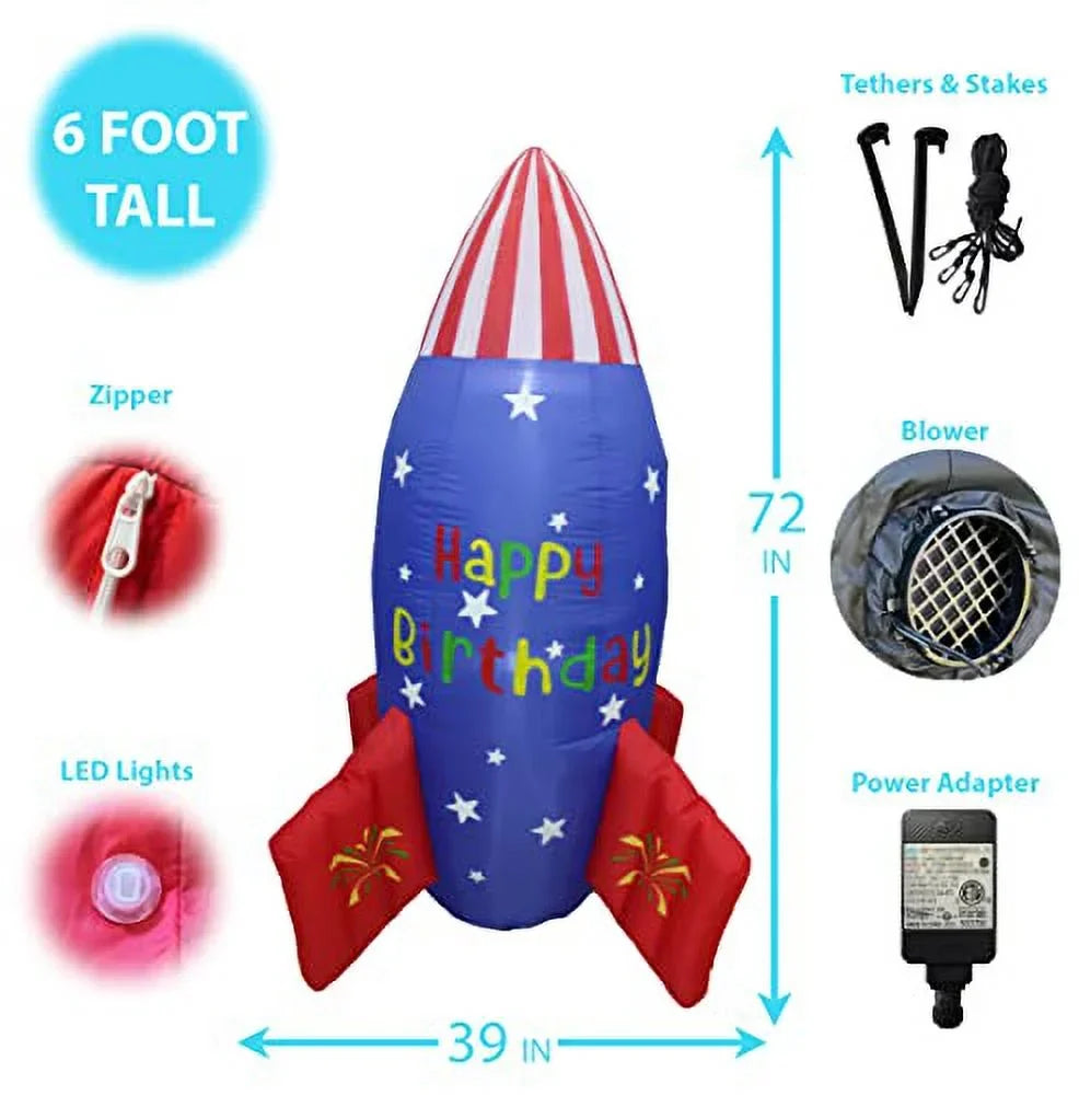 Blossom Inflatables 6 Foot Tall Happy Birthday Inflatable Rocketship  USA Flag Stars Design Pre-Lit LED Lights Lighted Blowup Party Decoration for Outdoor Indoor Home Garden Family Prop Yard