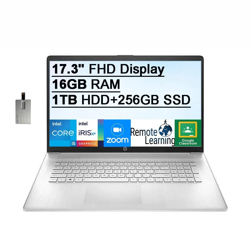 2021  17.3" FHD IPS 250 Nits Laptop Computer,  Core i5-1155G7 Processor, 16GB RAM, 1TB HDD+256GB SSD, Backlit Keyboard,  Iris Xe Graphics, HD Webcam, HD Audio, Win11, Silver, 32GB USB Card
