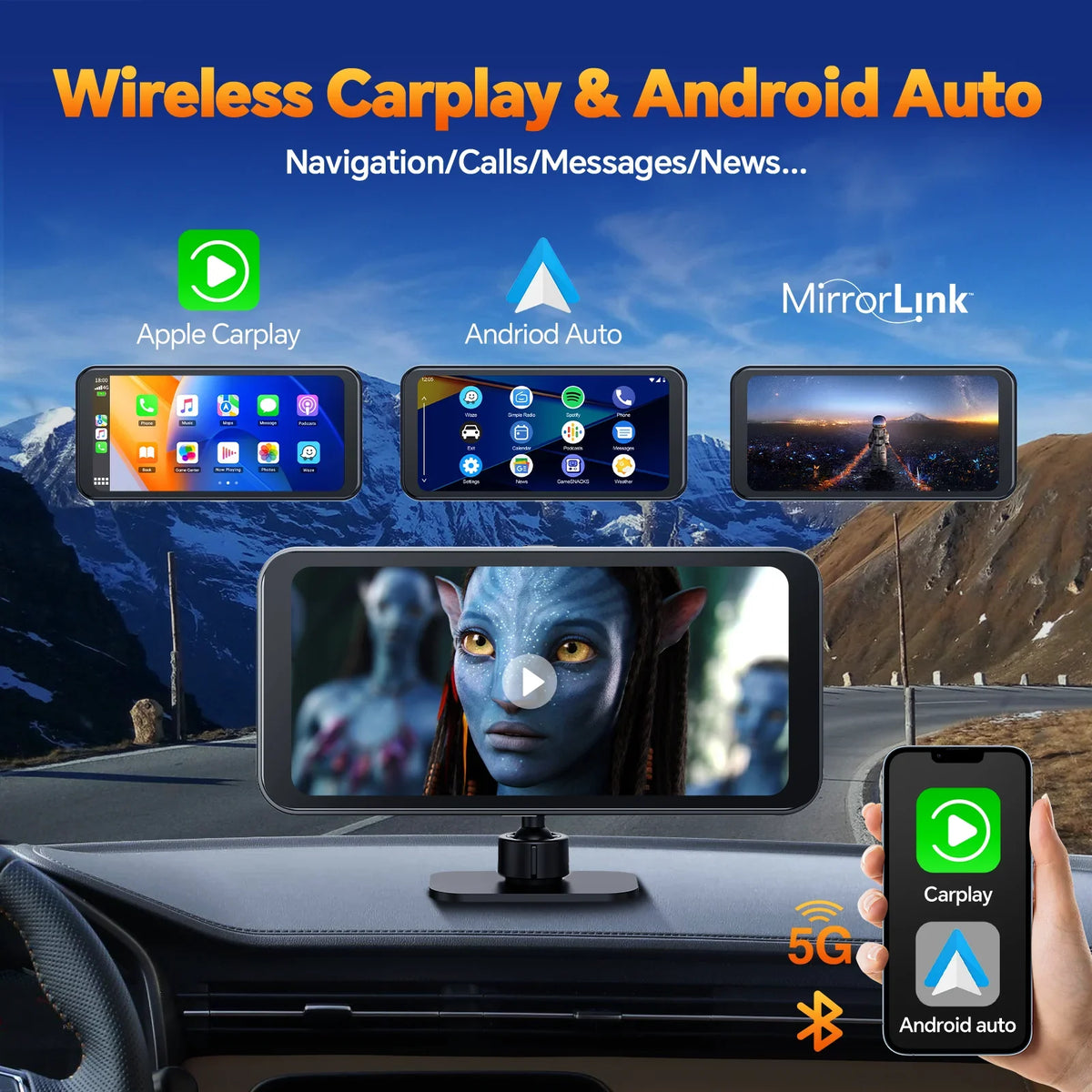 TOGUAR 6.25" Portable  Carplay Android Auto Screen with 4K Ultra HD Dash Cam, Wireless Car Play for GPS Navigation, Bluetooth Car Stereo, Backup Camera Park Assist, Mirror Link Car Radio Receiver