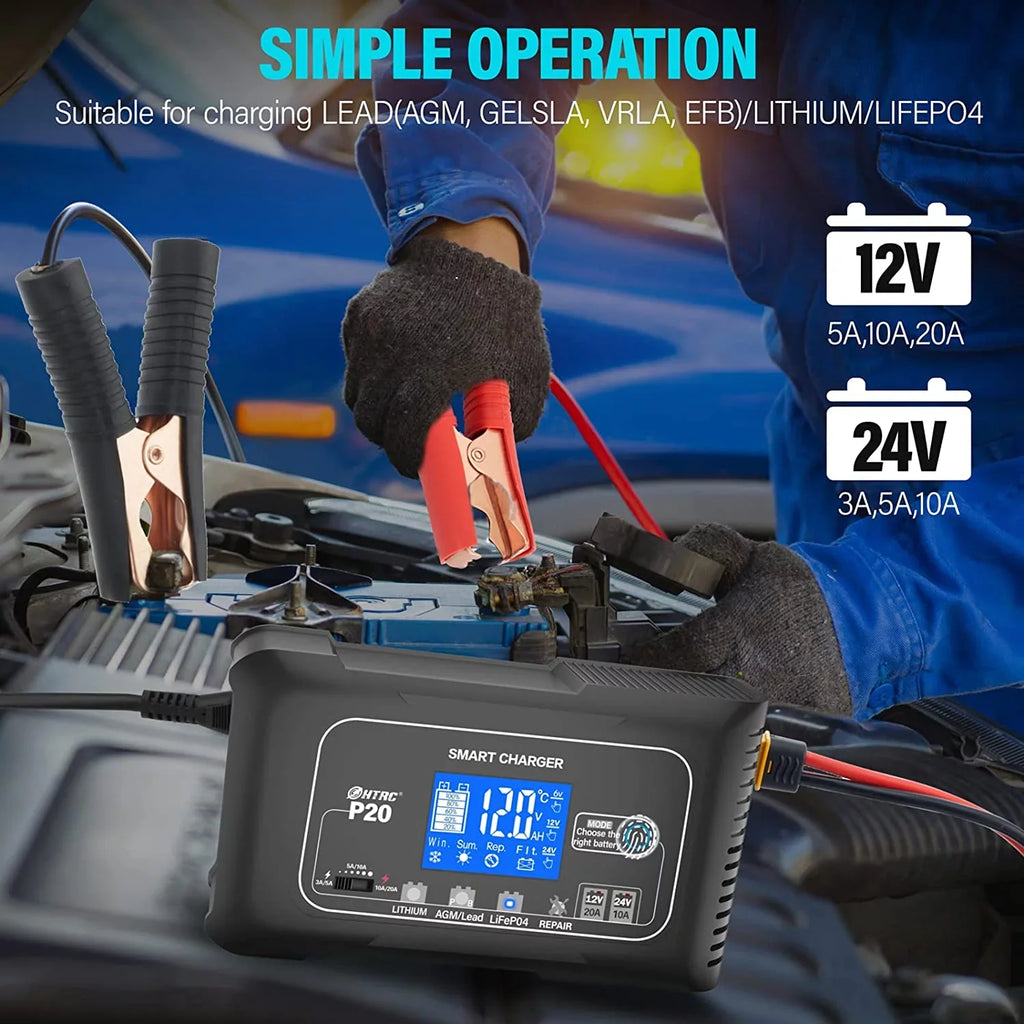 OIEXI 20-Amp Smart Battery Charger,Lithium,LiFePO4,Lead-Acid,Portable Car Battery Charger,Trickle Charger,Maintainer/Deep Cycle Charger,12V/20A and 24V/10A Adjustable,for vessel,Lawn Mower,Golf Cart..