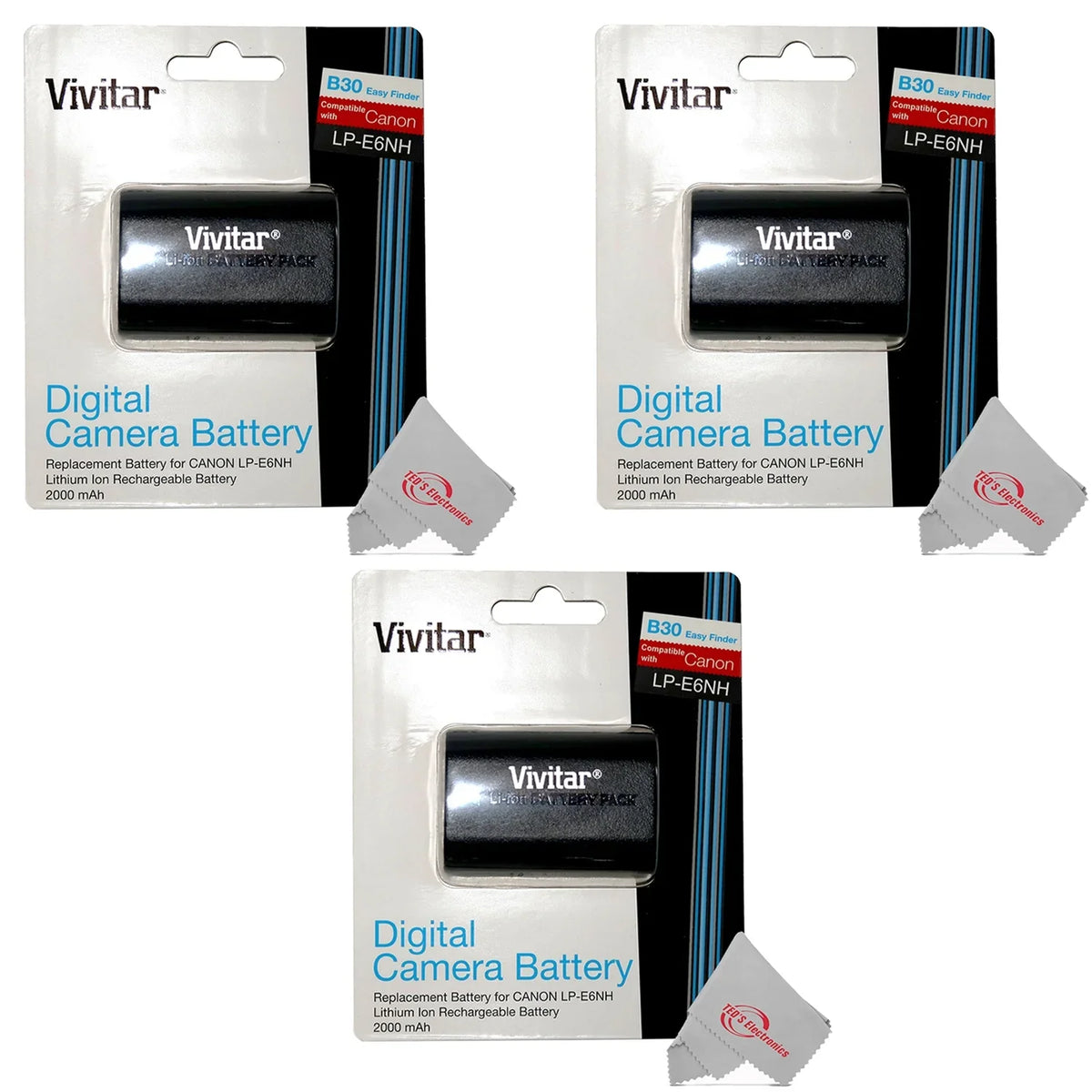 3x Vivitar CBE6NH  LP-E6NH Replacement Battery for EOS 90D 80D R R6 R6 5D Mark IV 6D 7D 70D 60D 60Da