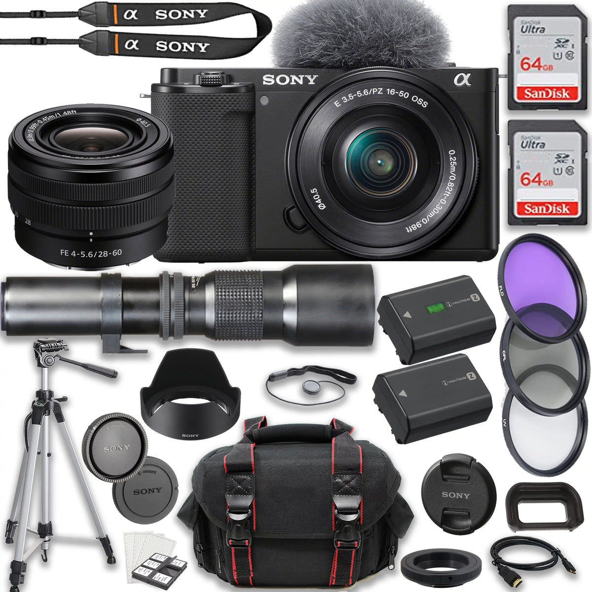 ZV-E1 Mirrorless Camera +  FE 28-60mm f/4-5.6 Lens + 500mm f/8 Focus Lenses + 2X 64GB Memory + Case + Tripod & More (25pc Bundle)