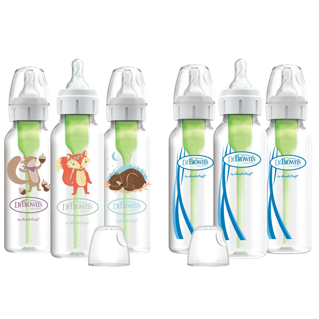 Brown's Natural Flow Anti-Colic Options+ Narrow Baby Bottles 8 oz/250 mL, with Level 1 Slow Flow Nipple, 6 Pack, 0m+ Woodland Animals Gift Set. Dr