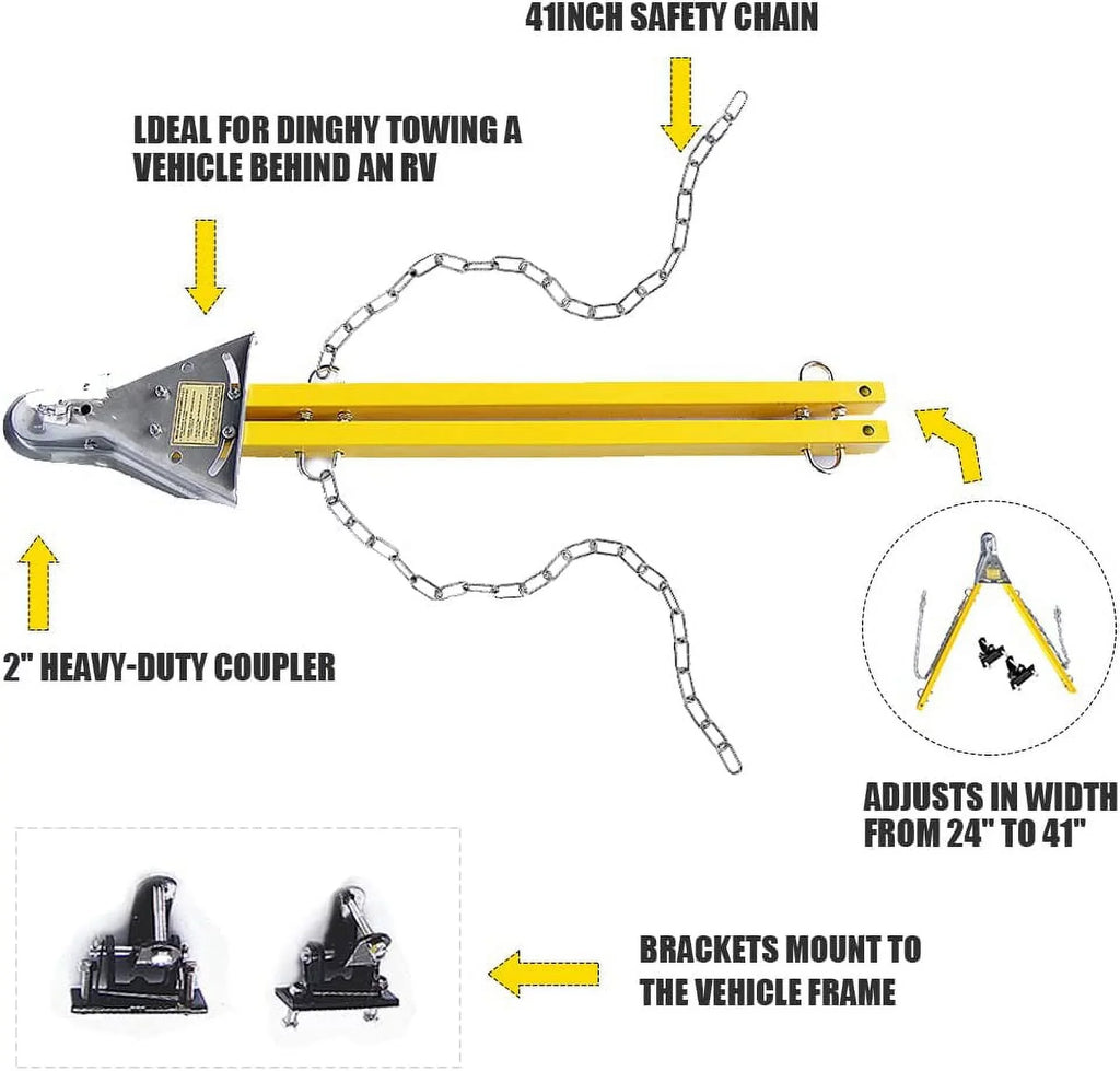 HPDAVV Yellow Adjustable Tow Towing Bar / Adjustable Tow Bar Kit Bumper Mount 5000lb w/Chains RV Car Truck matching with Jeep System