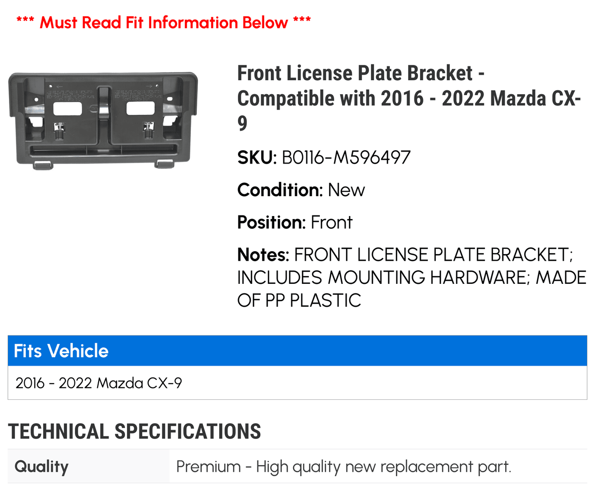 Front License Plate Bracket - appropriate with 2016 - 2022 Mazda CX-9 2017 2018 2019 2020 2021