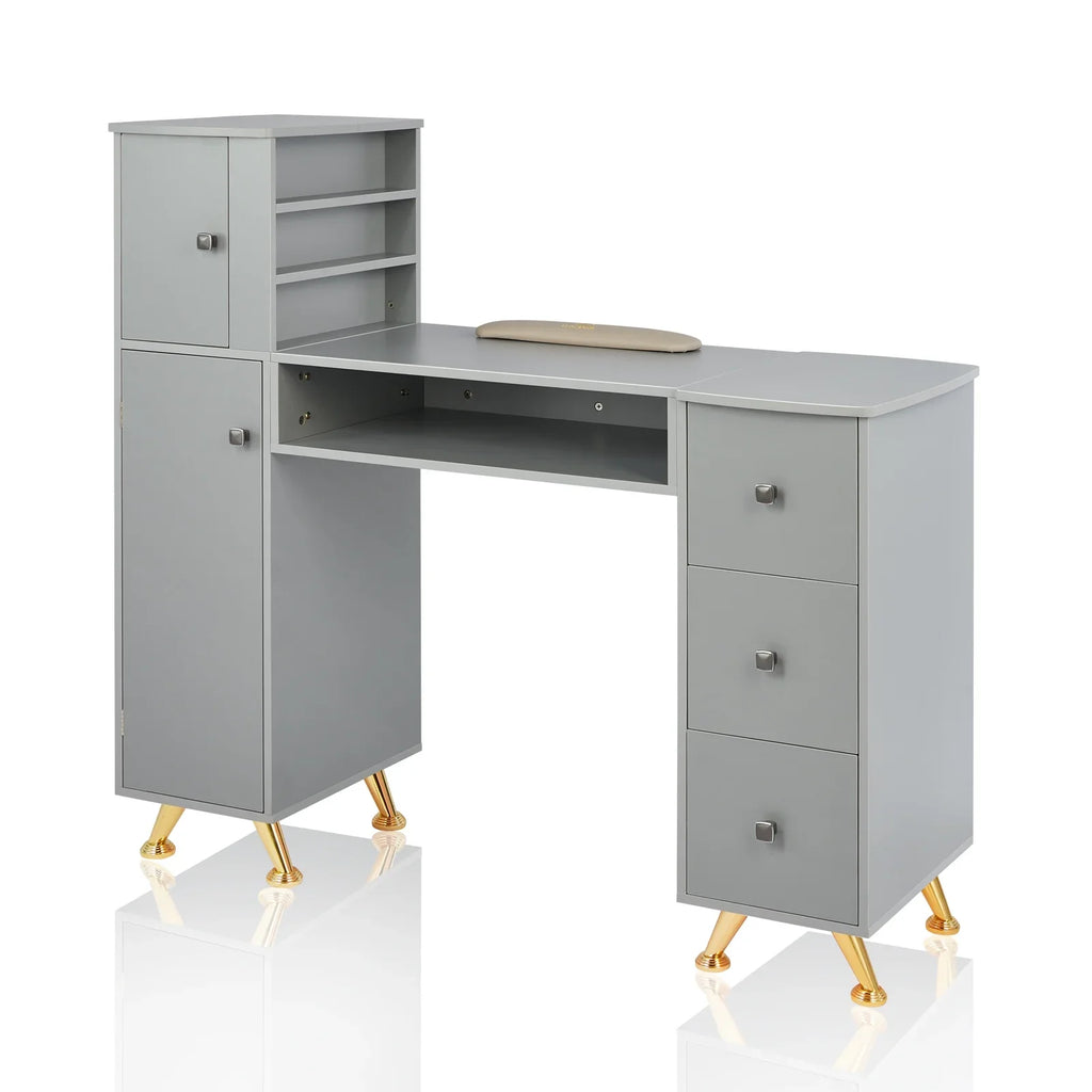 LUXMARS Manicure Table Nail Desk for Technician w/Wrist Rest & Plastic Table Mat, Acetone immune Nail Table Station w/Large Capacity Storage Space, for Home Spa Beauty Salon - Grey