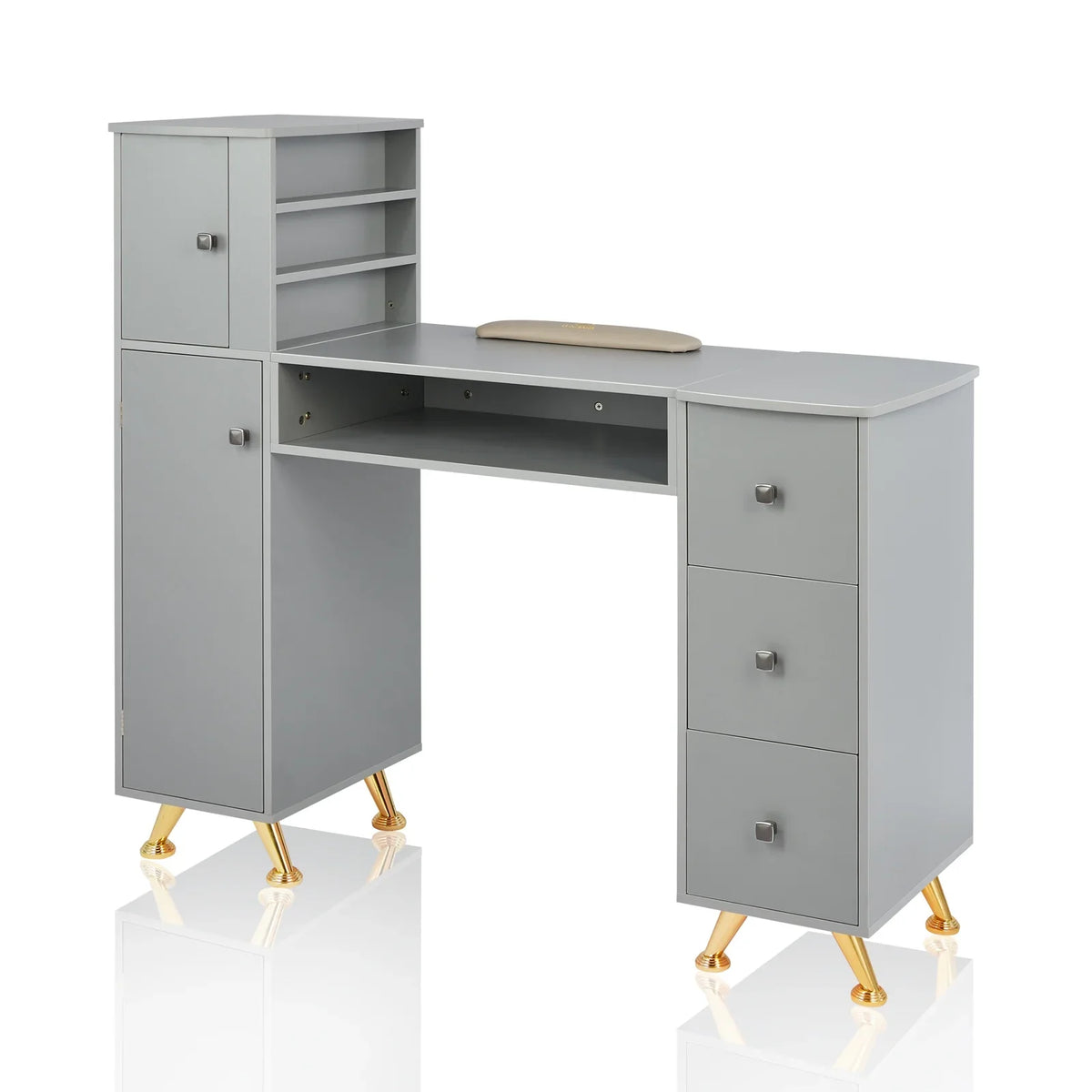 LUXMARS Manicure Table Nail Desk for Technician w/Wrist Rest & Plastic Table Mat, Acetone immune Nail Table Station w/Large Capacity Storage Space, for Home Spa Beauty Salon - Grey