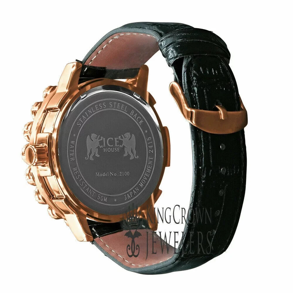 Roman Face Mens Genuine Diamond Dial Rose Gold Tone Flower Bezel Khronos Genuine Leather Wrist Watch W/Date