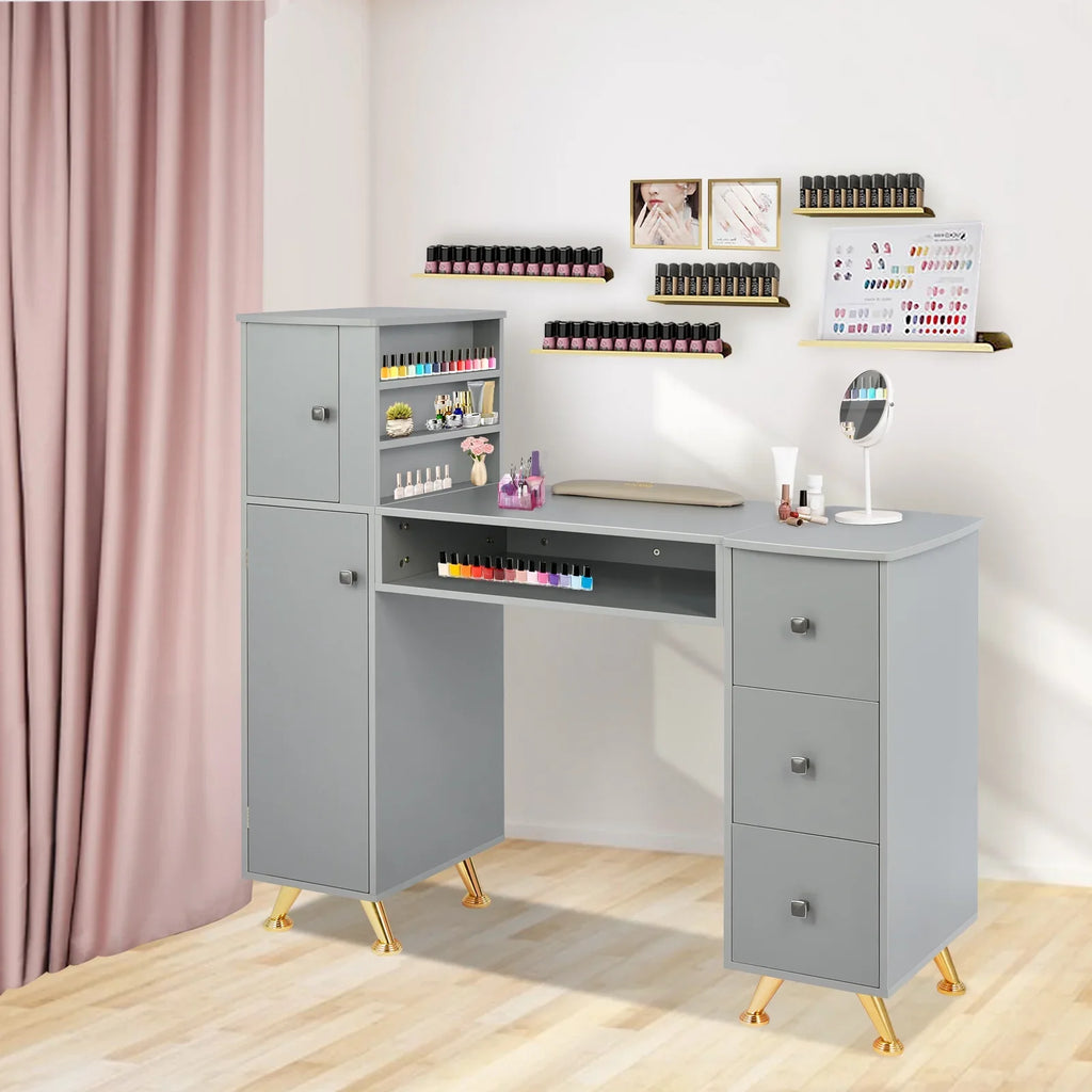 LUXMARS Manicure Table Nail Desk for Technician w/Wrist Rest & Plastic Table Mat, Acetone immune Nail Table Station w/Large Capacity Storage Space, for Home Spa Beauty Salon - Grey