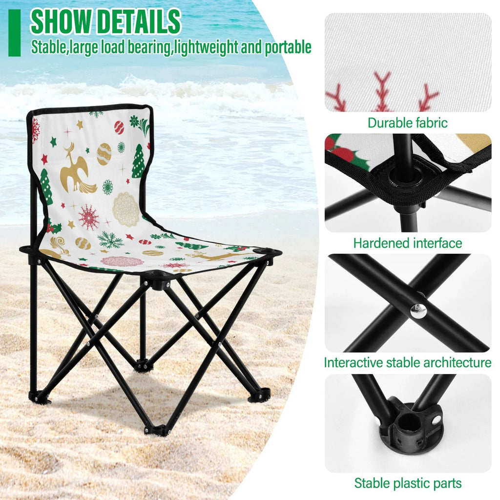 Christmas Deer Stars Snowflakes Portable Camping Chair Outdoor Folding Beach Chair Fishing Chair Lawn Chair with Carry Bag Support to 220LBS