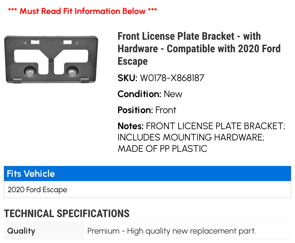 Front License Plate Bracket - with Hardware - suitable with 2020  Escape 2021 2022