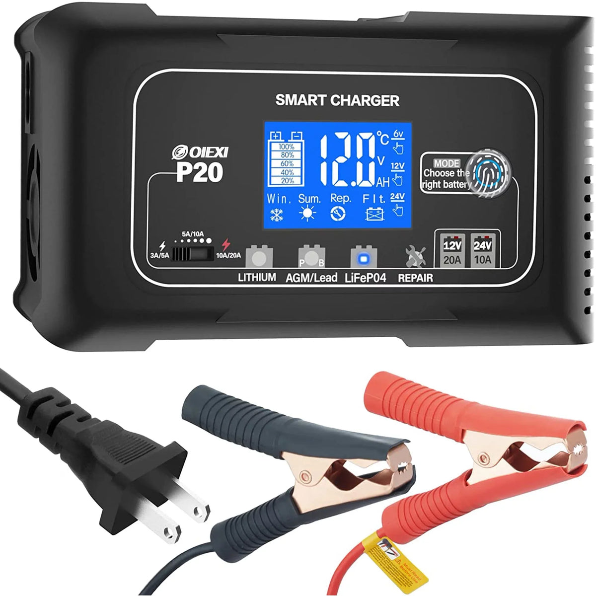 OIEXI 20-Amp Smart Battery Charger,Lithium,LiFePO4,Lead-Acid,Portable Car Battery Charger,Trickle Charger,Maintainer/Deep Cycle Charger,12V/20A and 24V/10A Adjustable,for vessel,Lawn Mower,Golf Cart..