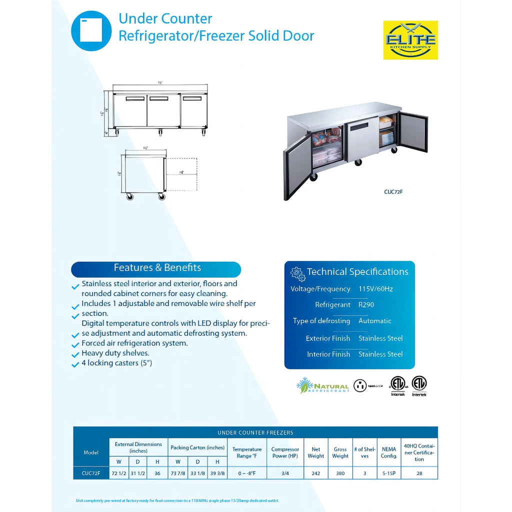 Stainless Steel Three-Door Commercial Freezer Heavy Duty. Commercial Undercounter Freezer 19 Cu.Ft. 72 in