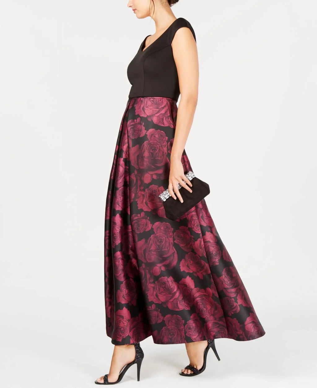SL Fashions Women's Printed Satin Gown (6, Black/Magenta)