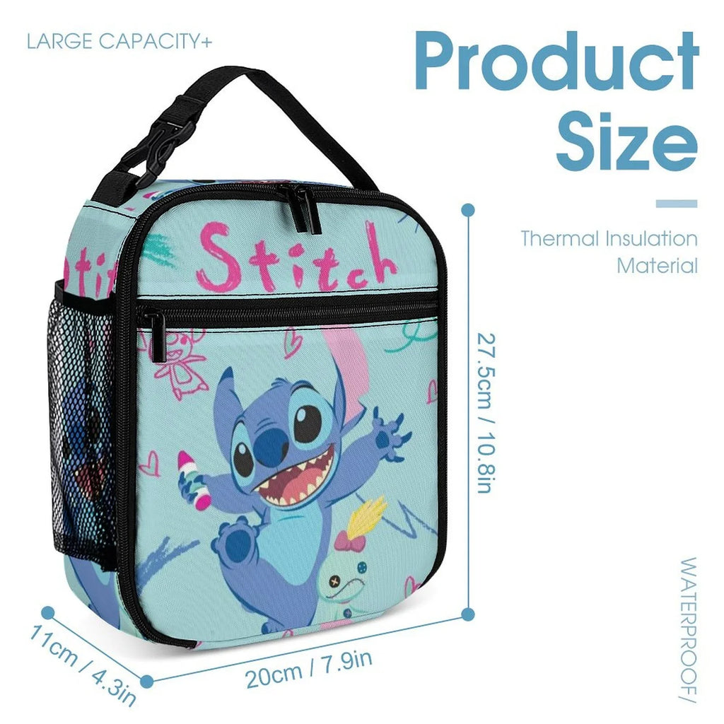 Happy Lilo Stitch Portable Lunch Bag Tote Bento Bag School Office Insulated Cooler Thermal Handbag For Adult Boys Girls Kids