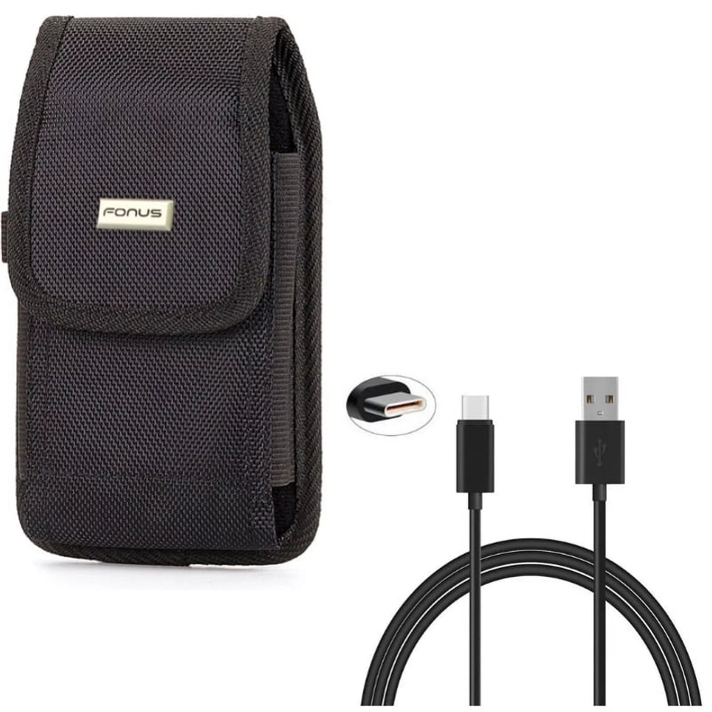 Rugged Canvas Case Vertical Belt Holster w Black 6ft Long Type-C USB Cable w Turbo Charging Sync Wire Fast Charger Y1Y for  Liquid Jade Primo - Alcatel 7, Idol 4S -  ROG Phone