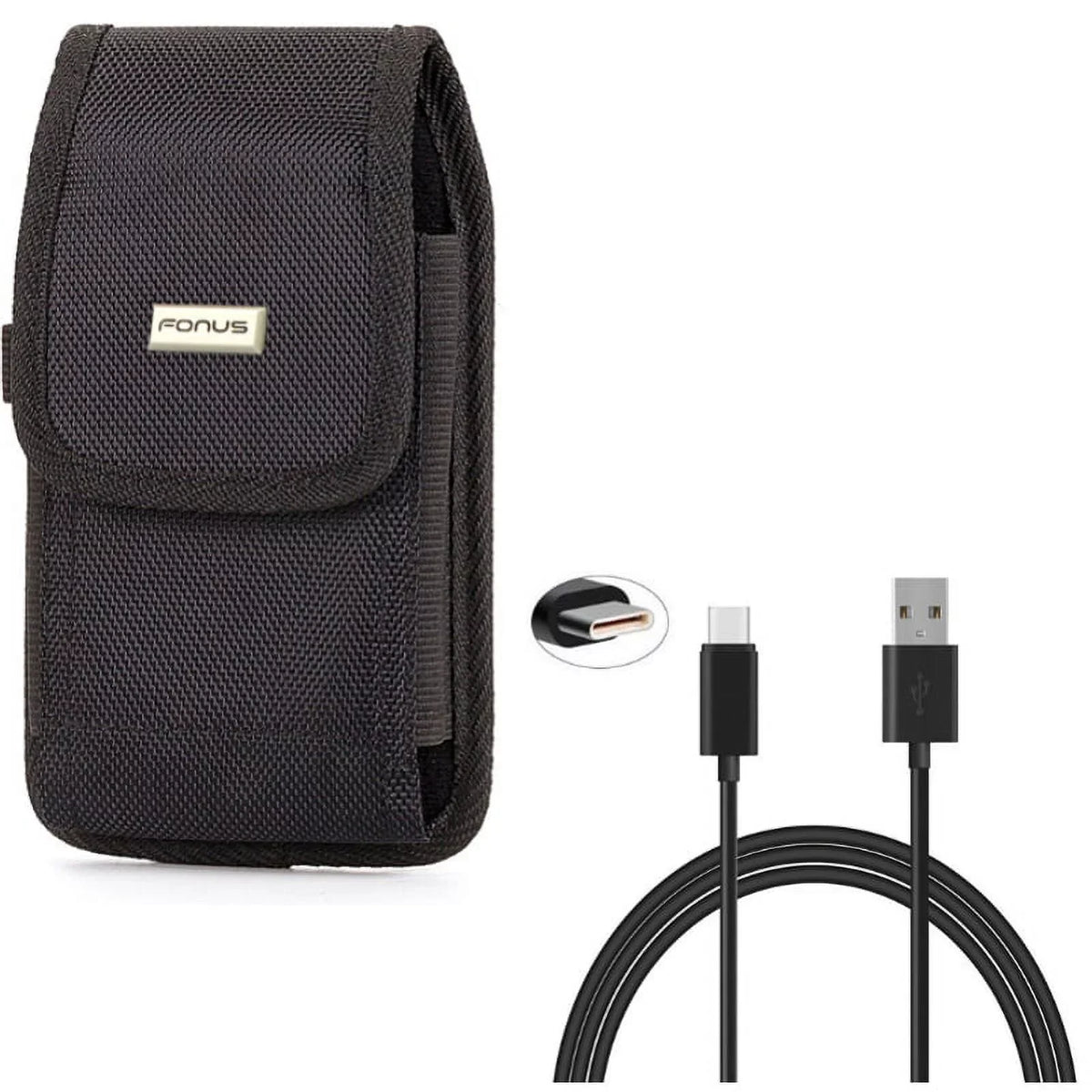 Rugged Canvas Case Vertical Belt Holster w Black 6ft Long Type-C USB Cable w Turbo Charging Sync Wire Fast Charger Y1Y for  Liquid Jade Primo - Alcatel 7, Idol 4S -  ROG Phone