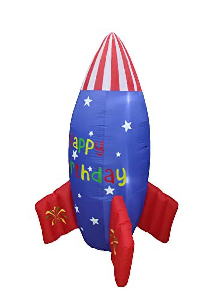 Blossom Inflatables 6 Foot Tall Happy Birthday Inflatable Rocketship  USA Flag Stars Design Pre-Lit LED Lights Lighted Blowup Party Decoration for Outdoor Indoor Home Garden Family Prop Yard