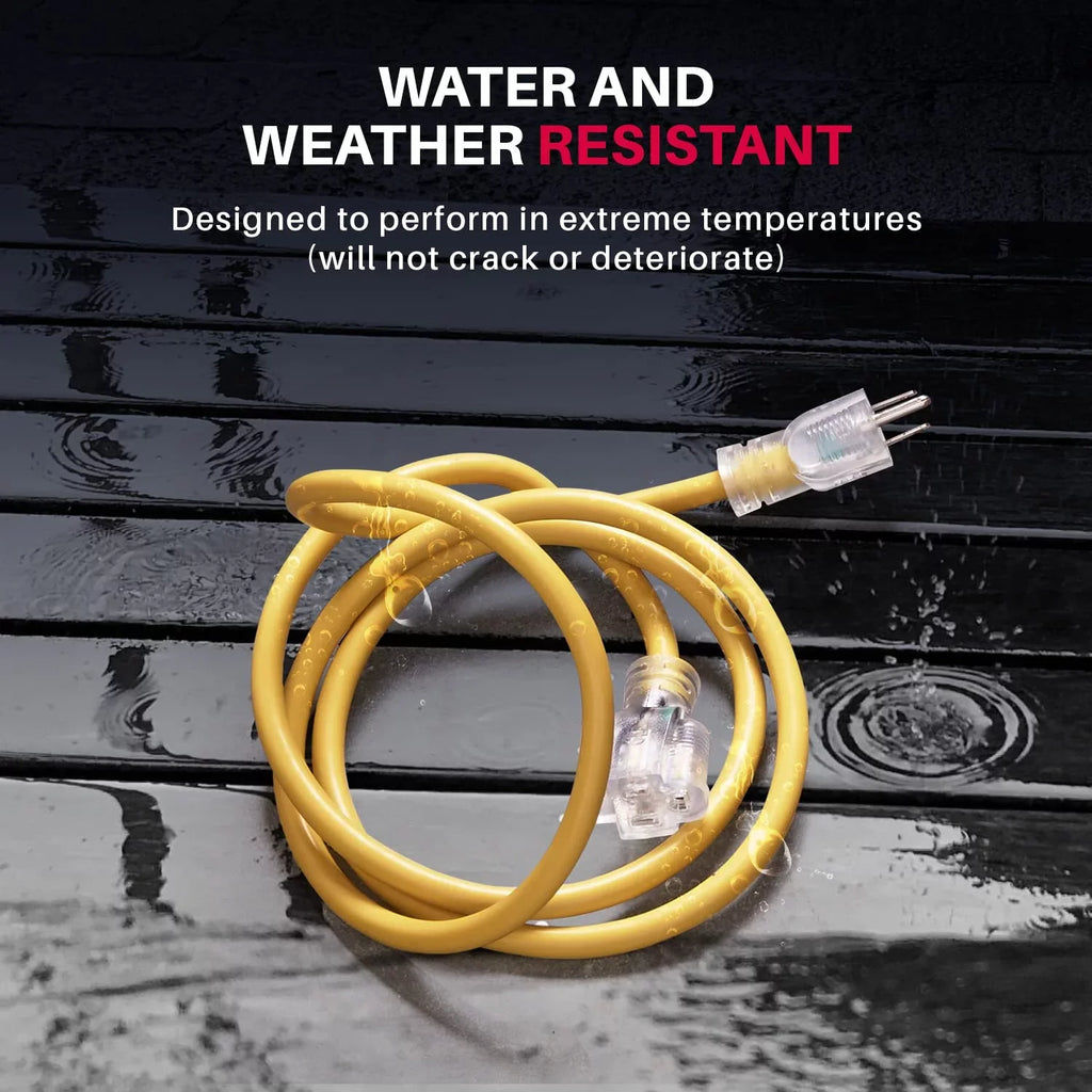 LifeSupplyUSA 100 ft Yellow Extension Cord - Durable Outdoor & Indoor Use, 16 Gauge, 3 Prong, Lighted, Flexible, Oil & Abrasion impervious, 10 AMP, 125V, 1250W, Smart Plug suitable.