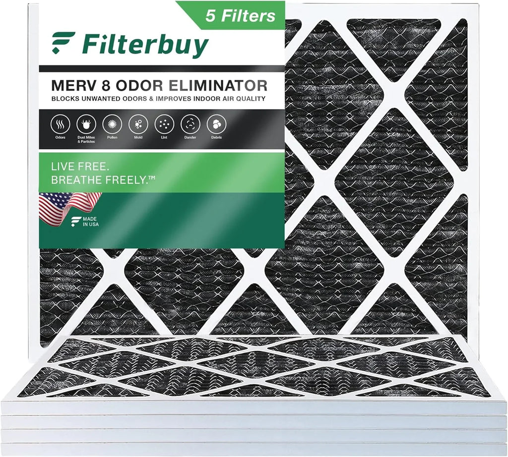 Filterbuy 14x20x1 MERV 8 Odor Eliminator Pleated HVAC AC Furnace Air Filters with Activated Carbon (5-Pack)