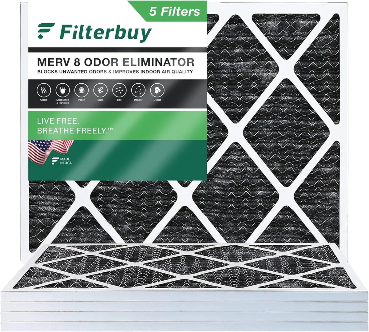 Filterbuy 14x20x1 MERV 8 Odor Eliminator Pleated HVAC AC Furnace Air Filters with Activated Carbon (5-Pack)