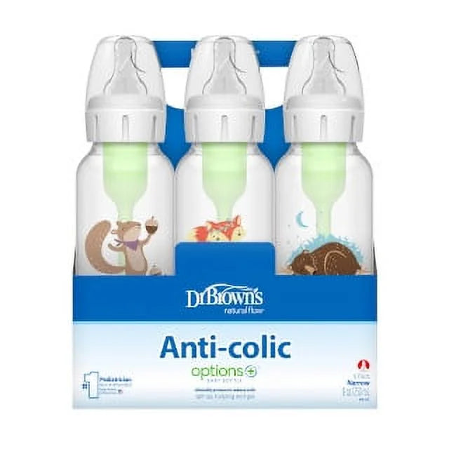 Brown's Natural Flow Anti-Colic Options+ Narrow Baby Bottles 8 oz/250 mL, with Level 1 Slow Flow Nipple, 6 Pack, 0m+ Woodland Animals Gift Set. Dr