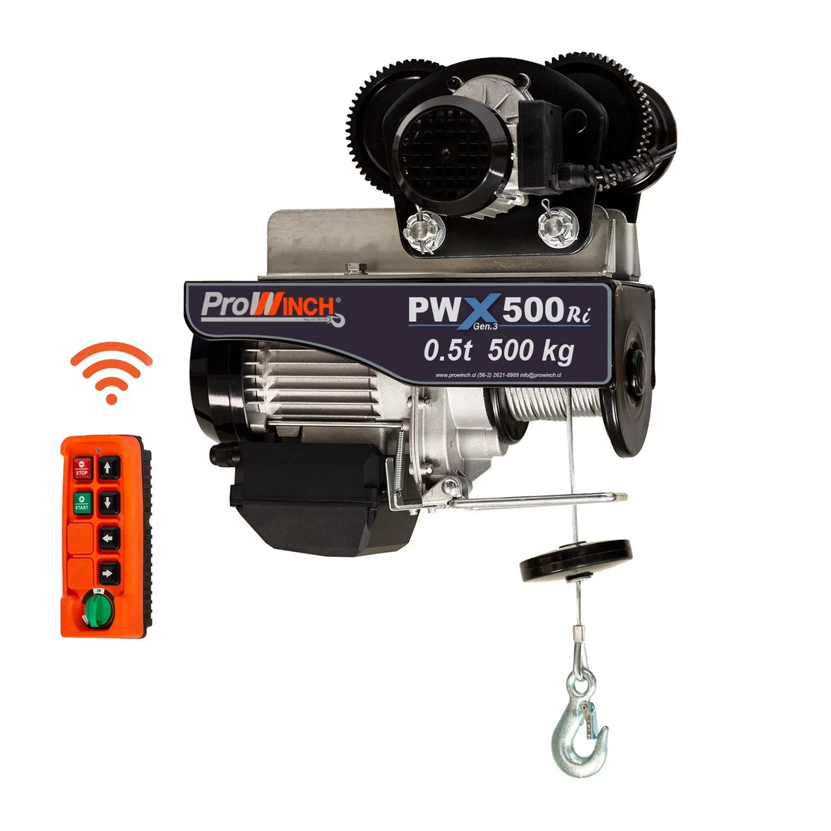 Electric Rope Hoist w/trolley 220~240V 50/60HZ w/ Emergency Stop Wireless. / 1100 lbs. Prowinch 550 lbs