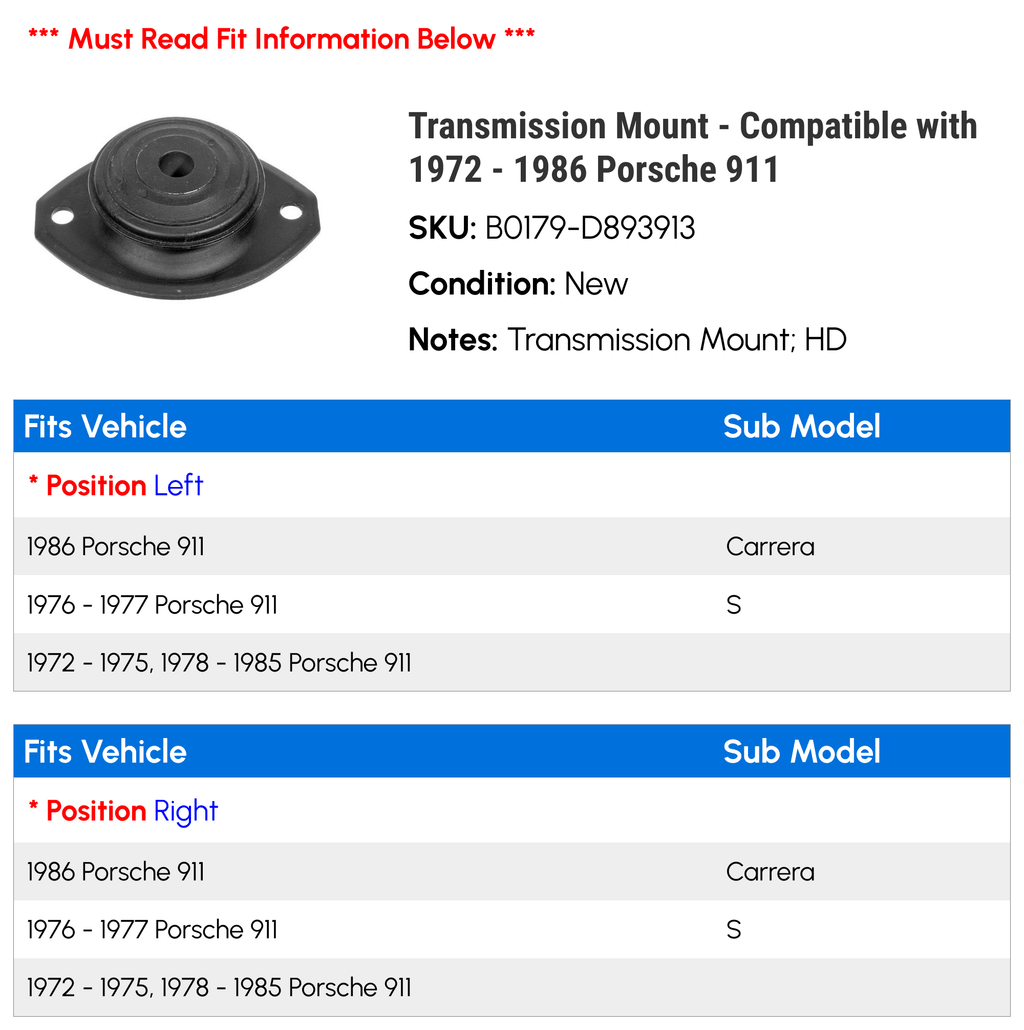 Transmission Mount - matching with 1972 - 1986 Porsche 911 1973 1974 1975 1976 1977 1978 1979 1980 1981 1982 1983 1984 1985