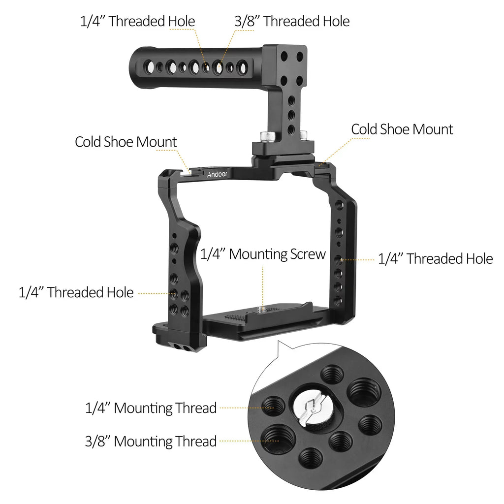 7299 Video Cage + Handle Kit Aluminum Alloy with Dual Cold Shoe Mounts Numerous 14 Inch Threads Replacement for  A7IV/ A7III/ A7II/ A7R III/ A7R II/ A7S II