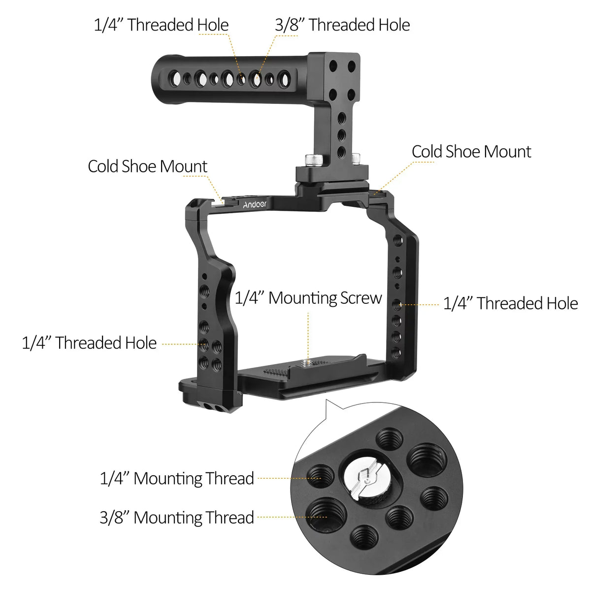 7299 Video Cage + Handle Kit Aluminum Alloy with Dual Cold Shoe Mounts Numerous 14 Inch Threads Replacement for  A7IV/ A7III/ A7II/ A7R III/ A7R II/ A7S II