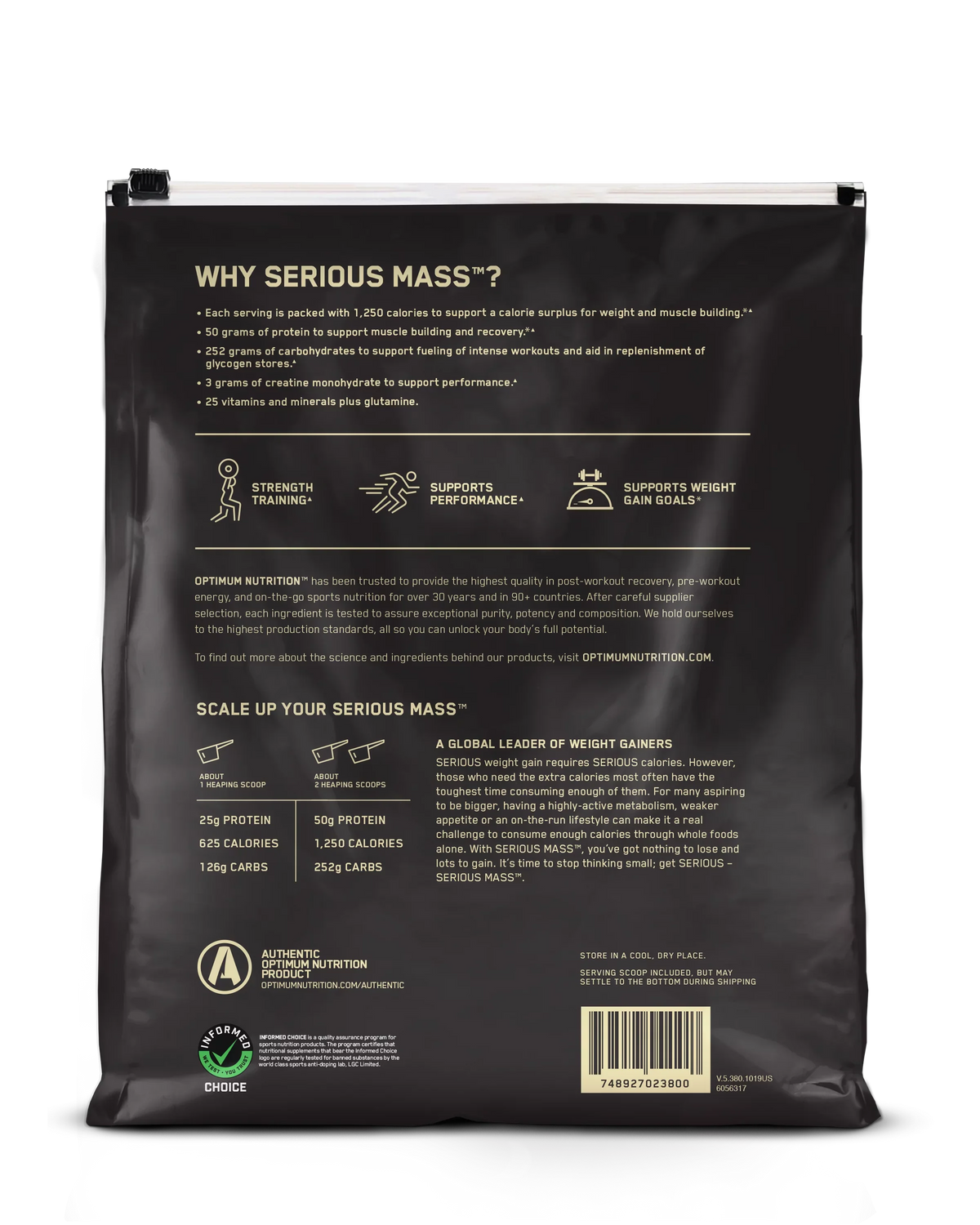 Optimum Nutrition, Serious Mass, 50g Protein Powder, Chocolate, 12 lb, 16 Servings