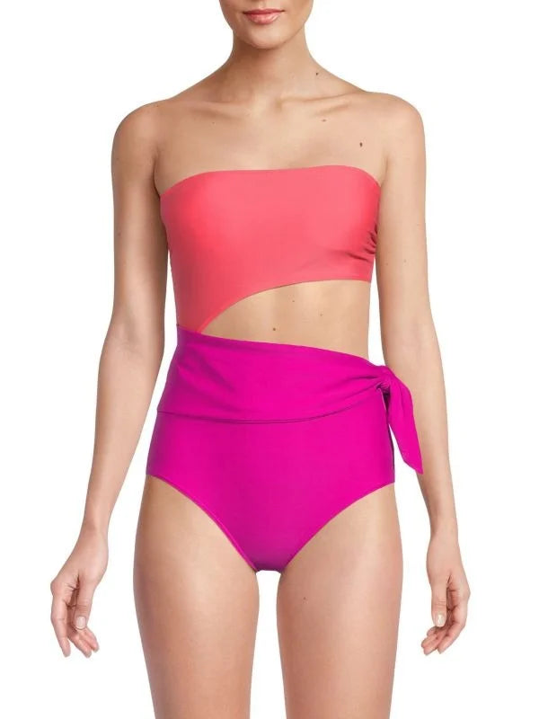 DKNY PUNCH PINK Cutout Colorblock One Piece Swimsuit, US 14
