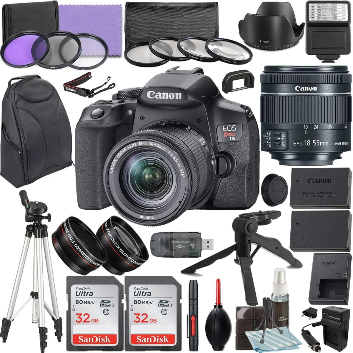 Camera Bundle for  EOS Rebel T8i DSLR Camera with EF-S 18-55mm f/4-5.6 IS STM Lens and Accessories Kit (64GB, Hand Grip Tripod, Flash, and More)
