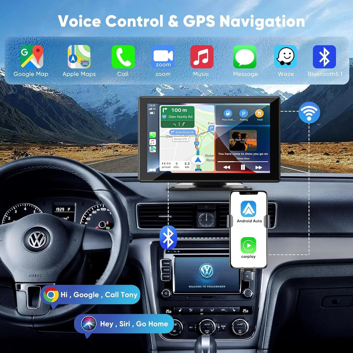 THONZER Portable Wireless Carplay Car Stereo with 2.5K Dash Cam - 9" HD IPS Screen, Android Auto, 1080p Backup Camera, Loop Recording, Bluetooth, GPS Navigation Head Unit, Car Radio Receiver