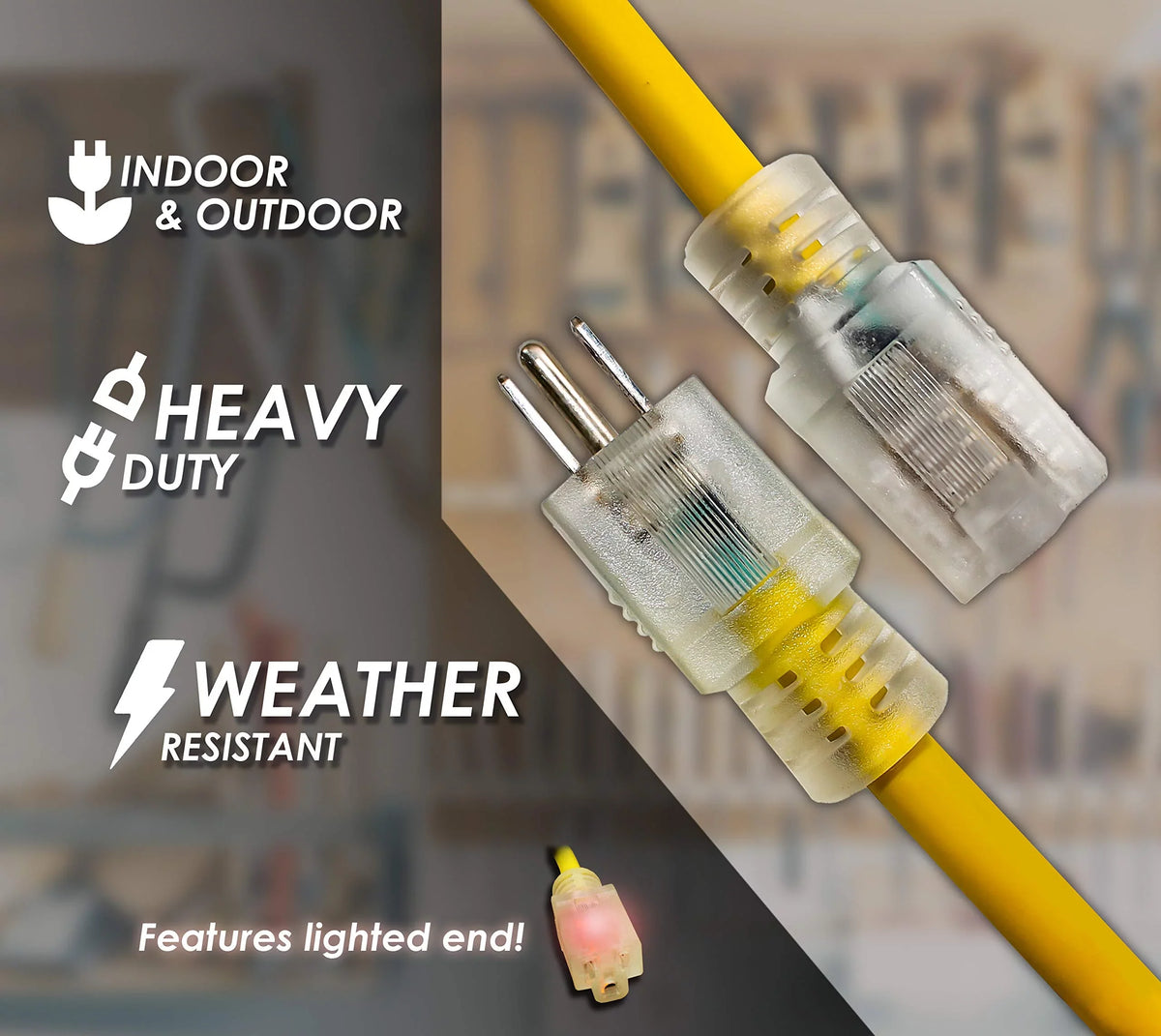 LifeSupplyUSA 100 ft Yellow Extension Cord - Durable Outdoor & Indoor Use, 16 Gauge, 3 Prong, Lighted, Flexible, Oil & Abrasion impervious, 10 AMP, 125V, 1250W, Smart Plug suitable.