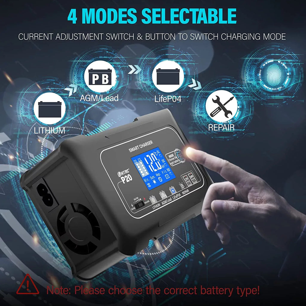 OIEXI 20-Amp Smart Battery Charger,Lithium,LiFePO4,Lead-Acid,Portable Car Battery Charger,Trickle Charger,Maintainer/Deep Cycle Charger,12V/20A and 24V/10A Adjustable,for vessel,Lawn Mower,Golf Cart..